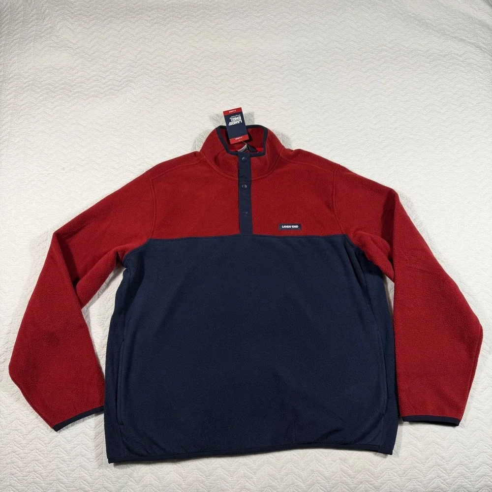 Lands End Mens Red Navy Colorblock Fleece Pullover Snap Neck Jacket X Large NWT